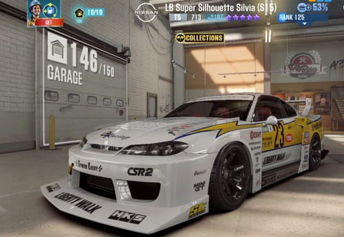 CSR Racing 2 garage view with a tuned car under showroom lighting